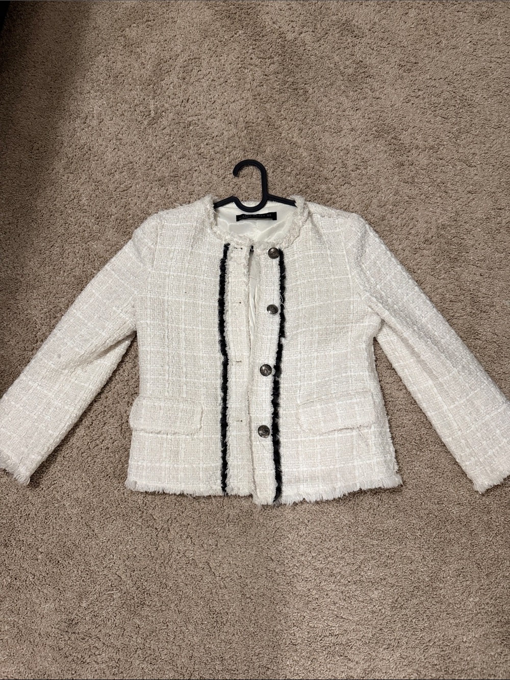 Zara Cream Tweed Chanel-Style Fringe Jacket